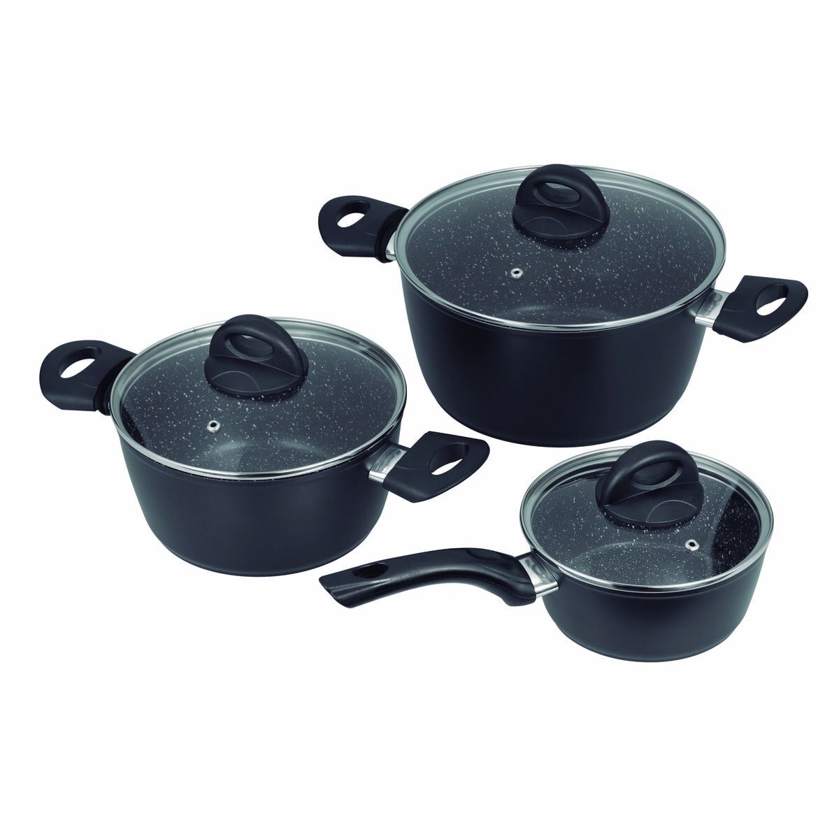 S0442320_0 Topf-Set Aluminium schwarz mit Glasdeckel JATA, 3 Stücke, ideal für modernes Kochen und einfache Reinigung.