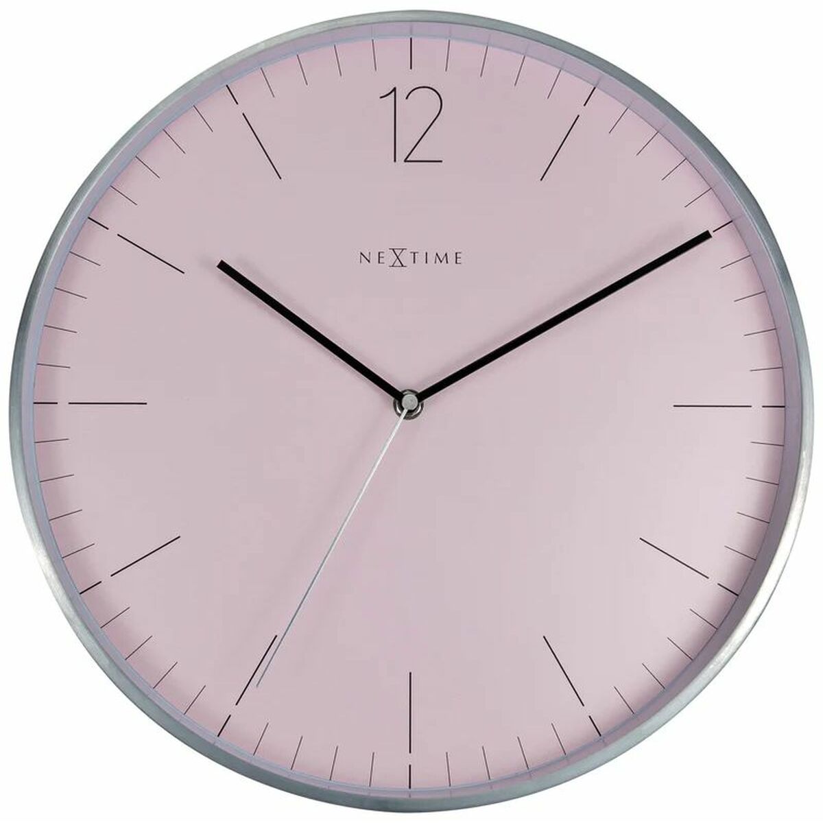 S0378855_0 Wanduhr Rosa Nextime mit grauem Gehäuse und rosa Krone, 34 cm, leise und stilvoll für jedes Zuhause.