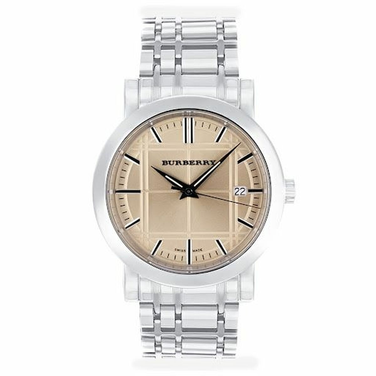S0394130_0 Burberry Damenuhr (38 mm) in elegantem grauen Edelstahl-Design mit Quarzwerk und mineralischem Kristall.