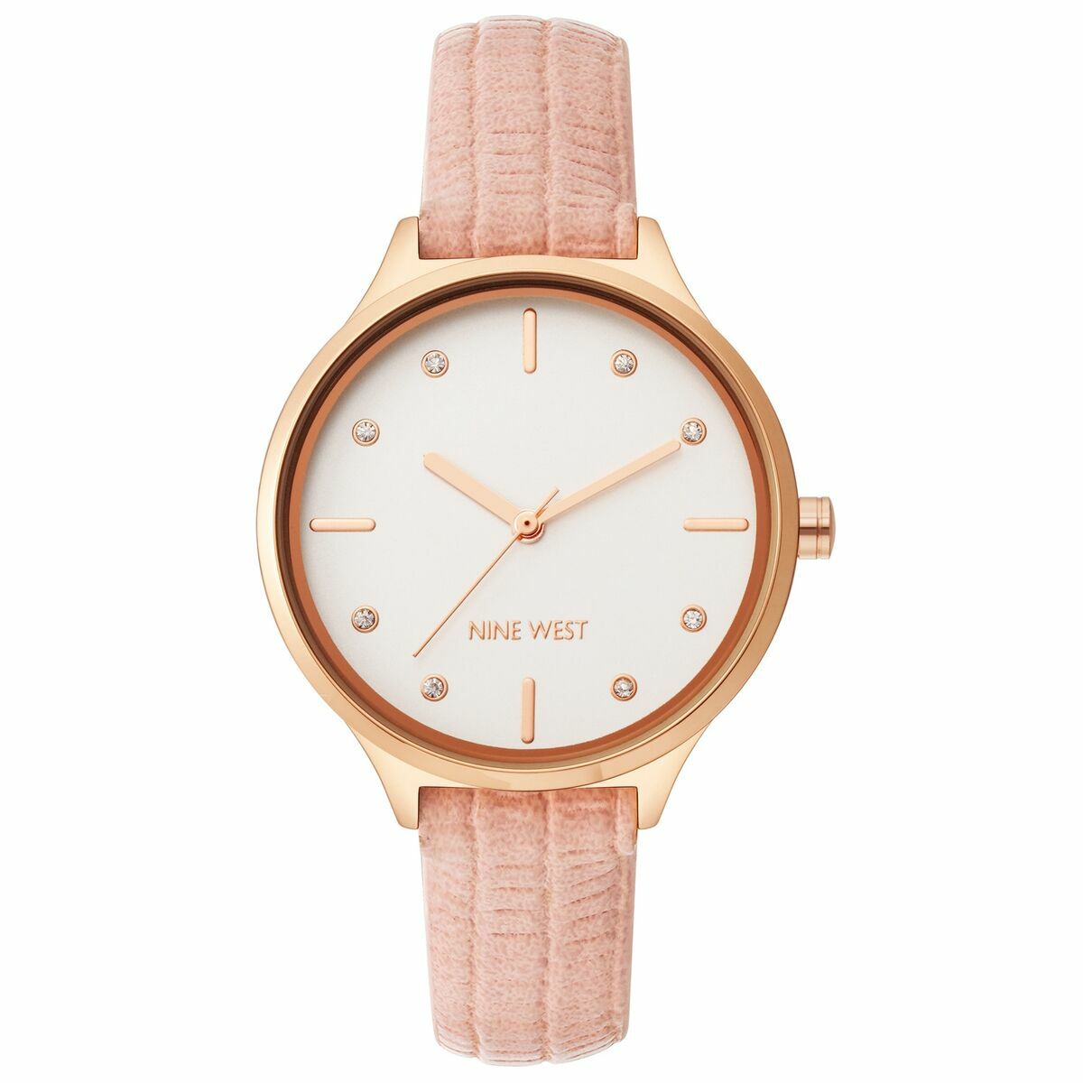 S0392312_0 Elegante Damenuhr Nine West mit rosa Lederarmband und goldenen Gehäuse, Ø 34 mm, spritzwasserbeständig.