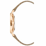Elegante Damenuhr Nine West mit rosa Lederarmband und spritzwasserbeständigem Gehäuse, Durchmesser 34 mm.