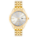 Elegante Damenuhr Nine West mit goldfarbenem Gehäuse und Metallarmband, Ø 34 mm, spritzwasserbeständig.