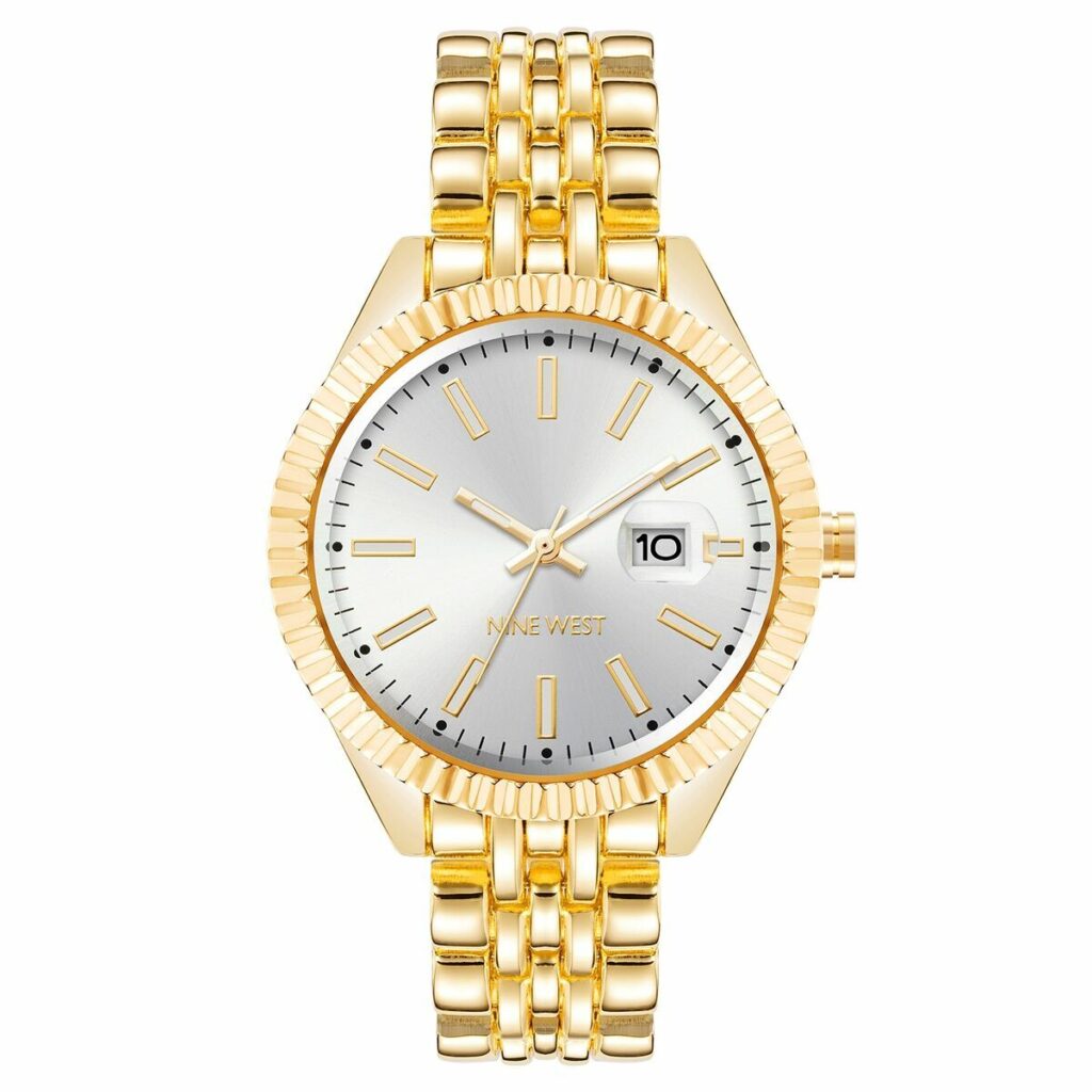 Elegante Damenuhr Nine West mit goldfarbenem Gehäuse und Metallarmband, Ø 34 mm, spritzwasserbeständig.