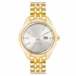 Elegante Damenuhr Nine West mit goldfarbenem Gehäuse und Metallarmband, Ø 34 mm, spritzwasserbeständig.