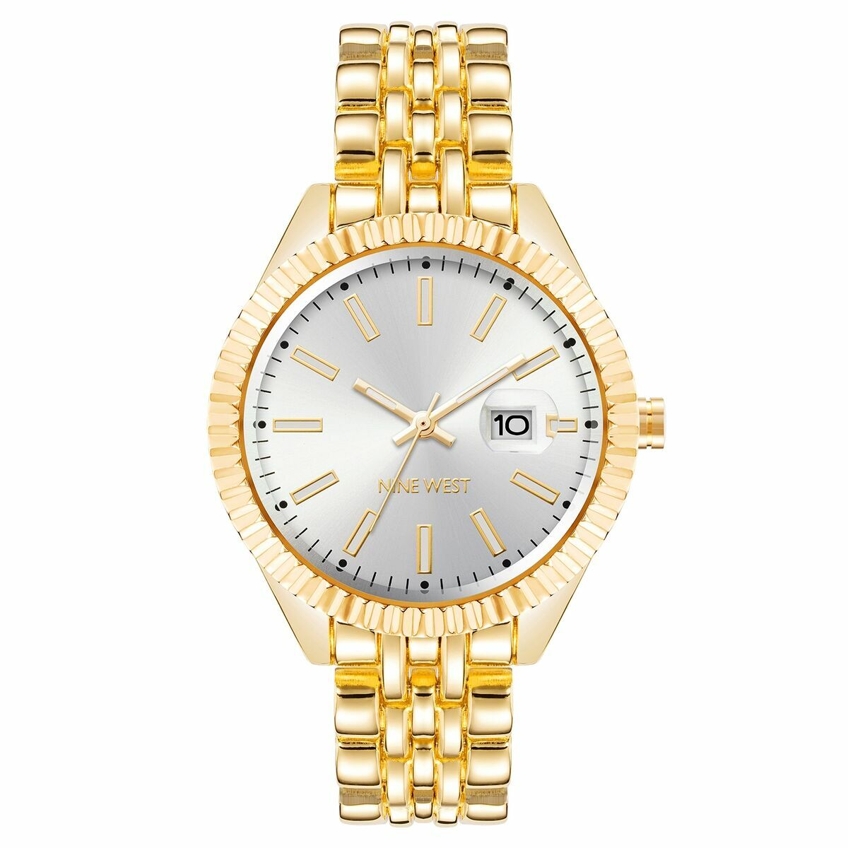 S0392331_0 Elegante Damenuhr Nine West mit goldfarbenem Gehäuse und Metallarmband, Ø 34 mm, spritzwasserbeständig.