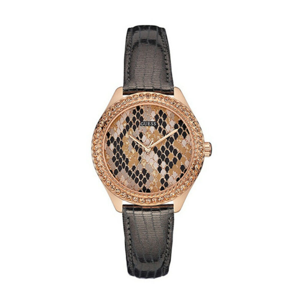 Elegante Damenuhr Guess (Ø 36 mm) aus Edelstahl mit grauem Armband und buntem Ziffernblatt.