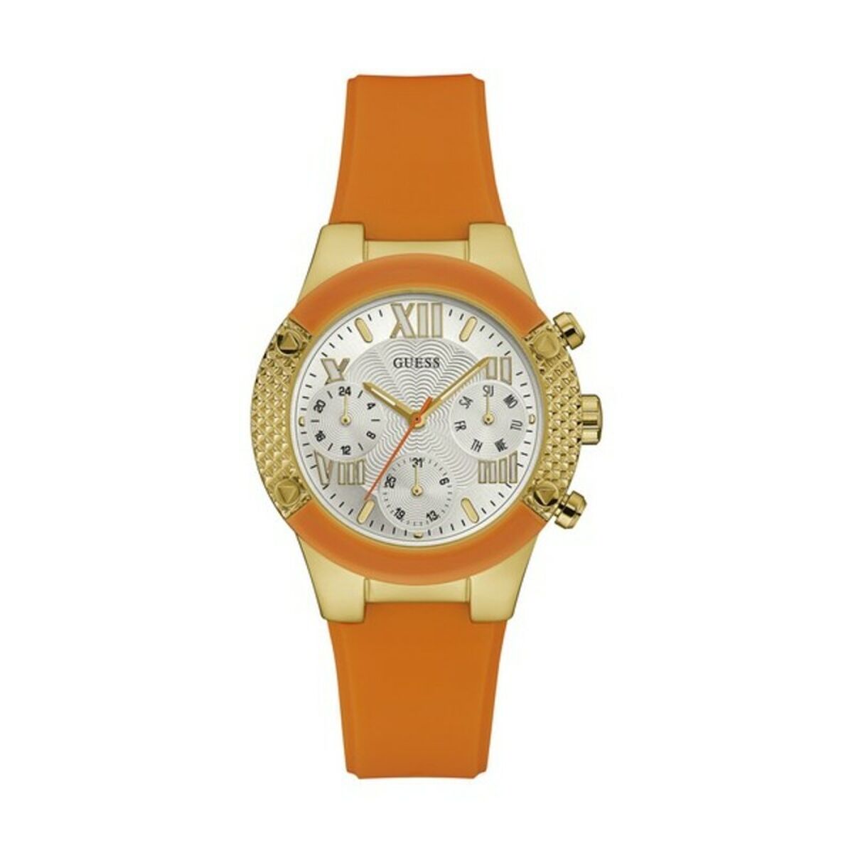 S0315177_0 Damenuhr Guess (Ø 44 mm) mit orangefarbenem Silikonarmband und goldfarbenem Edelstahlgehäuse.