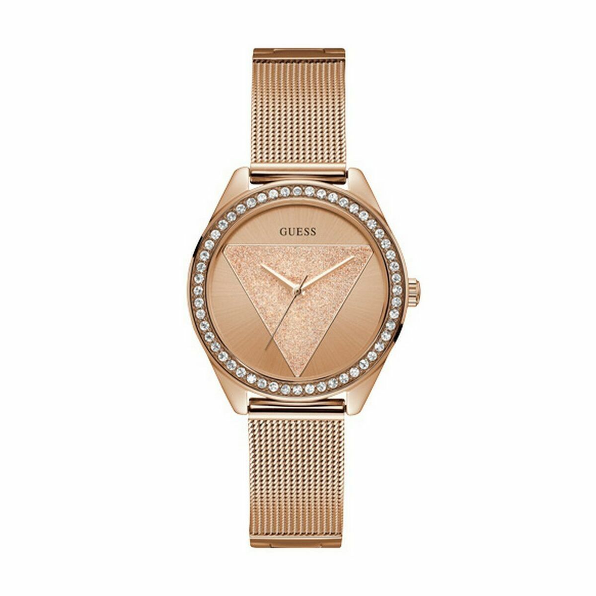 S7273711_0 Elegante Damenuhr Guess (Ø 37 mm) mit rosa Edelstahlarmband und Quarzwerk, ideal für modebewusste Träger.