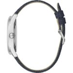 Elegante Damenuhr Guess (Ø 40 mm) aus Edelstahl mit blauem Lederarmband und präzisem Quarzwerk.