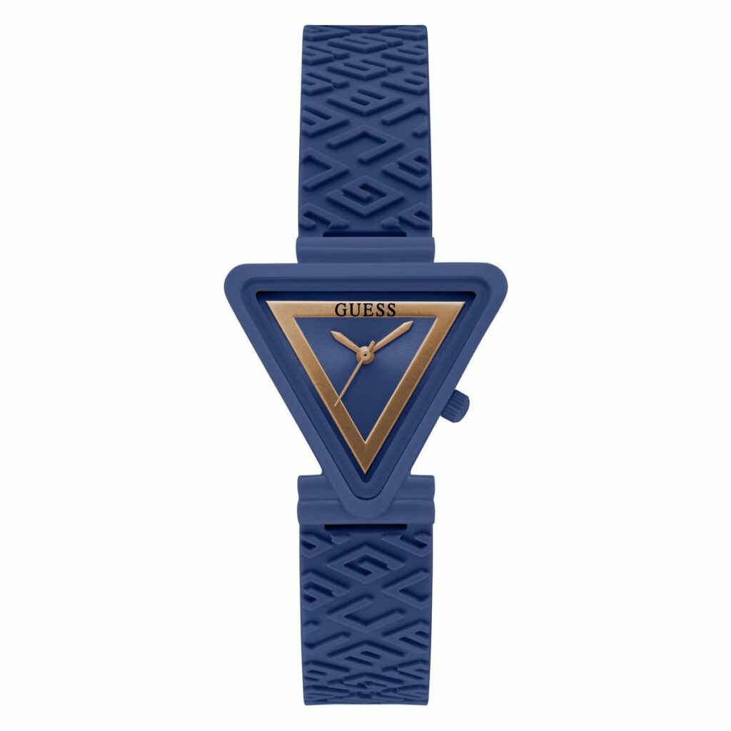 Damenuhr Guess (Ø 34 mm) in elegantem Blau mit Silikonarmband und robustem Harzgehäuse.