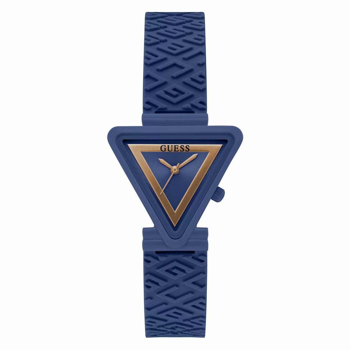 S0388824_0 Damenuhr Guess (Ø 34 mm) in elegantem Blau mit Silikonarmband und robustem Harzgehäuse.