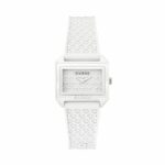 Damenuhr Guess (Ø 33 mm) in elegantem Design mit Silikonarmband und robustem Harzgehäuse.