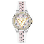 Elegante Damenuhr Guess (Ø 37 mm) aus Edelstahl mit Lederarmband in Grau und Weiß, ideal für jeden Anlass.