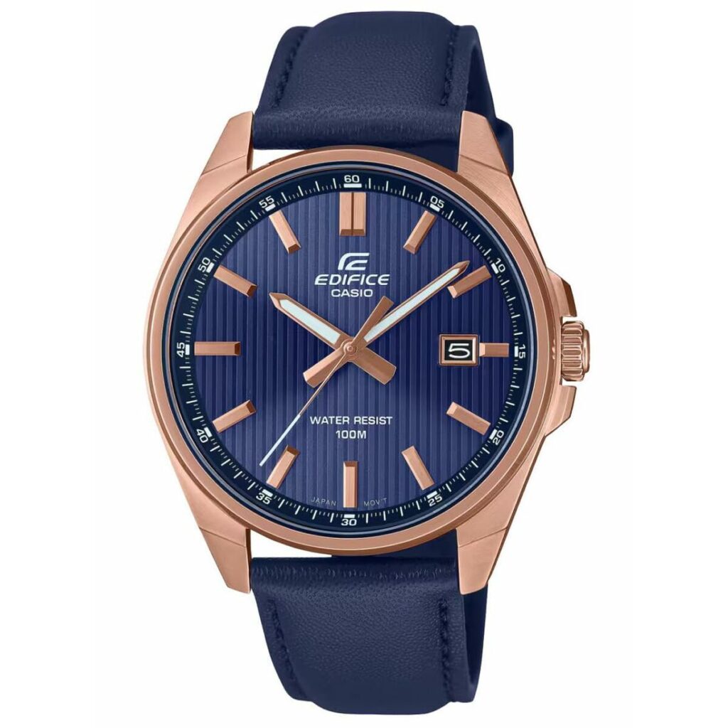 Elegante Herrenuhr Casio mit Lederarmband und Edelstahlgehäuse in Rosa und Blau, wasserdicht bis 10 atm.