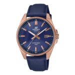 Elegante Herrenuhr Casio mit Lederarmband und Edelstahlgehäuse in Rosa und Blau, wasserdicht bis 10 atm.