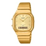 Unisex-Uhr Casio Gold mit elegantem Edelstahlarmband und robustem Mineral-Kristall, spritzwasserbeständig und stilvoll.
