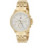 Elegante Damenuhr Tommy Hilfiger mit goldfarbenem Edelstahlarmband und Quarzwerk, Durchmesser 38 mm.