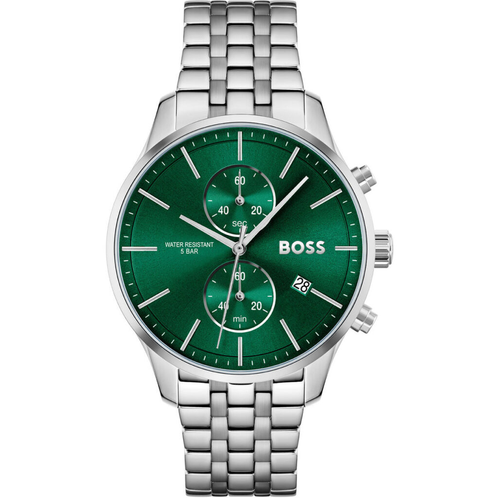 Elegante Herrenuhr Hugo Boss mit Edelstahlgehäuse und grauem Armband, Ø 42 mm, wasserdicht bis 5 atm.