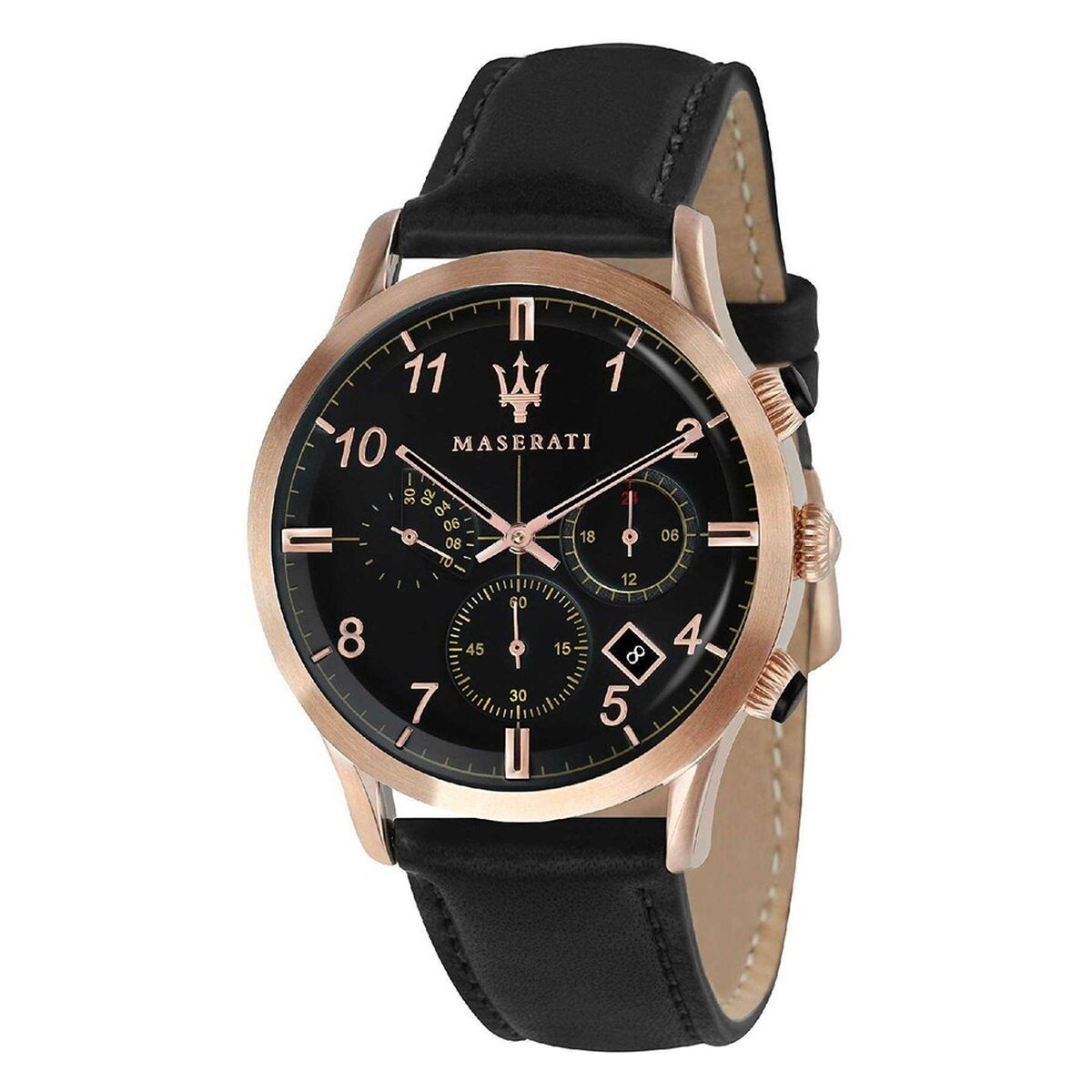 S72133620_0 Herrenuhr Maserati RICORDO Schwarz - elegante Armbanduhr aus Edelstahl mit Lederarmband und Stoppuhr-Funktion.
