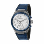 Herrenuhr Maserati (Ø 43 mm) in Blau und Grau mit hochwertigem Lederarmband und Edelstahlgehäuse.