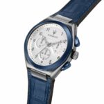 Herrenuhr Maserati (Ø 43 mm) in Blau und Grau mit hochwertigem Lederarmband und Edelstahlgehäuse.