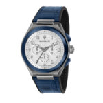 Herrenuhr Maserati (Ø 43 mm) in Blau und Grau mit hochwertigem Lederarmband und Edelstahlgehäuse.
