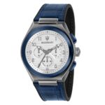 Herrenuhr Maserati (Ø 43 mm) in Blau und Grau mit hochwertigem Lederarmband und Edelstahlgehäuse.