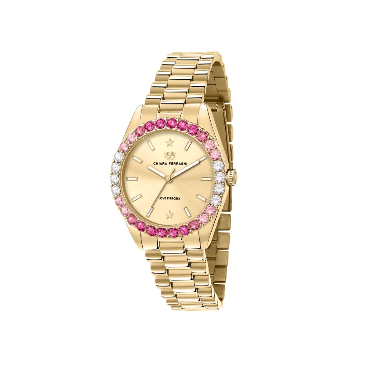 S0376333_0 Elegante Damenuhr Chiara Ferragni mit goldfarbenem Edelstahlarmband und Quarz-Uhrwerk, Durchmesser 34 mm.