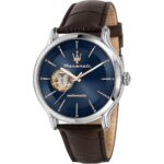 Elegante Herrenuhr Maserati mit Lederarmband und Saphirglas, perfekt für stilbewusste Träger.