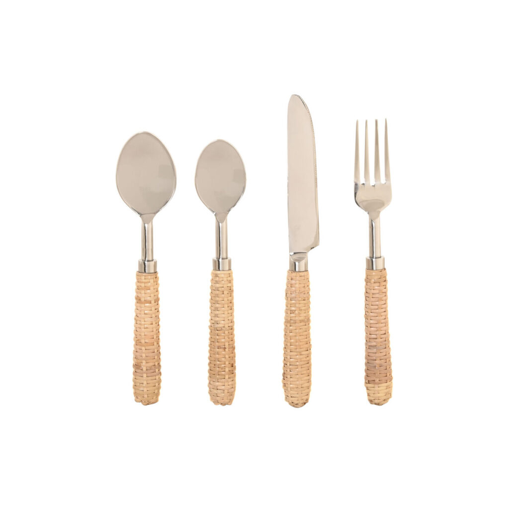 Besteck Home ESPRIT Silberfarben – 16-teiliges Set aus Edelstahl und Rattan, ideal für stilvolle Essensanlässe.