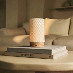 Luna Tischlampe Hellbraun aus Holz und Porzellan, dimmbar und wiederaufladbar