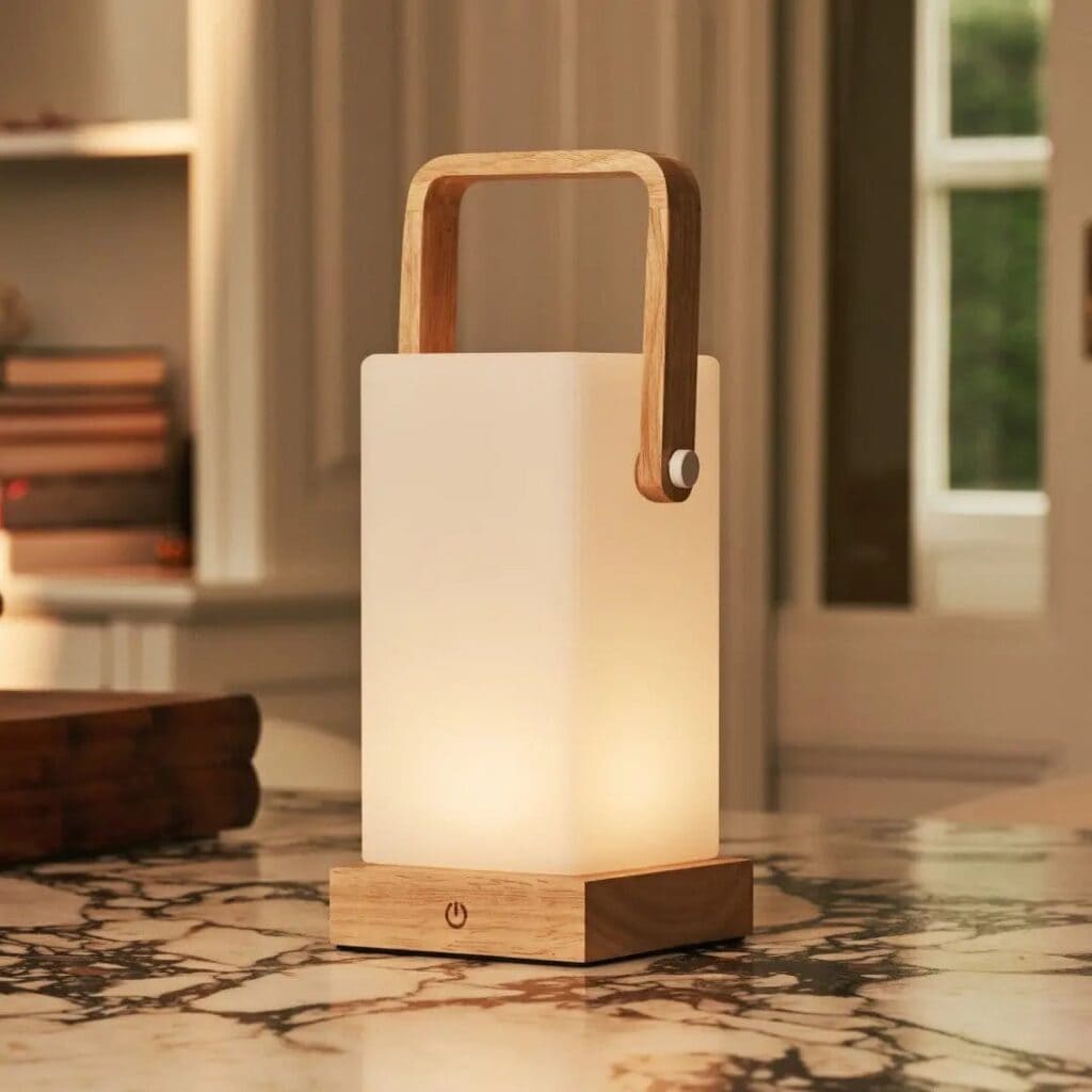 Hares Tischlampe Hellbraun - kabellos und dimmbar aus Gummibaumholz