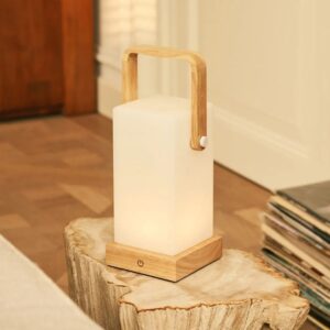 Hares Tischlampe Hellbraun - kabellos und dimmbar aus Gummibaumholz