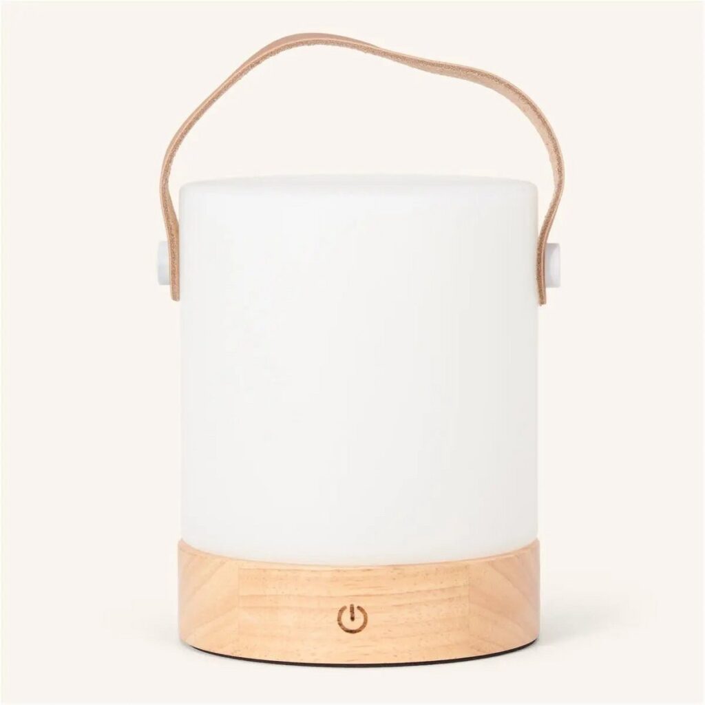 Avery Tischlampe Hellbraun - wiederaufladbare Holzlampe mit Lederband