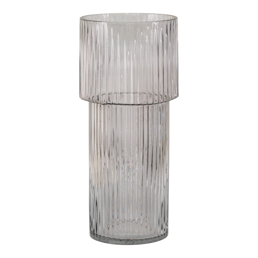 Dora Vase Grau aus klarem Glas mit vertikal geripptem Design