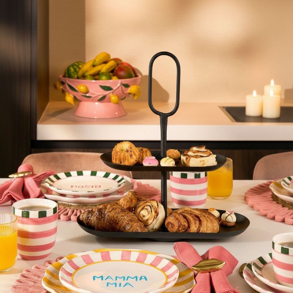 Nora Etagere Schwarz von Mica Decorations – 2-stöckiger Servierturm aus Metall